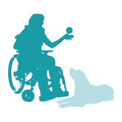 Silhouetten-14 die Silhouette einer Person in einem Rollstuhl mit einem Ball und einem darauf liegenden Hund